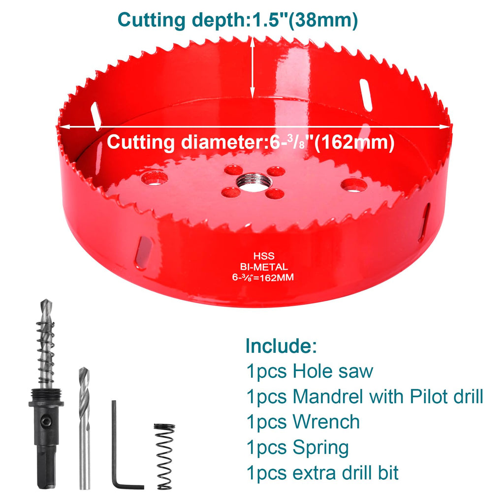 6-3/8 Inch / 162mm Hole Saw for Wood, Plastic Board, Ceiling,Drywall, and Metal Sheet - HSS Bi-Metal Hole Cutter with Pilot Drill Bit