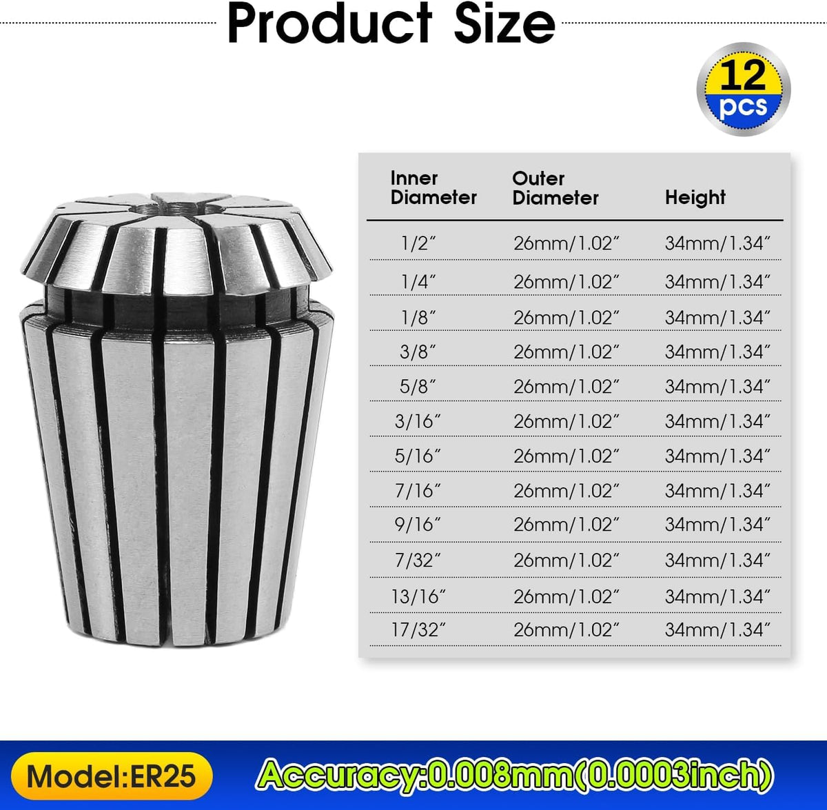 ER25 Spring Collet Set, 12-Piece 65Mn Spring Steel Precision Router Collets for CNC Milling, Engraving & Lathe Tool Holding（1/2,1/4,1/8,3/8,5/8,3/16,5/16,7/16,9/16,7/32,13/32,17/32）