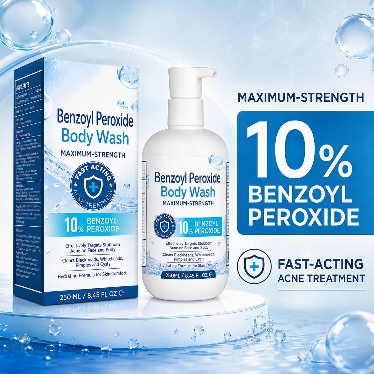 Benzoyl Peroxide Body Wash: 10% Benzoyl Peroxide Acne Wash for Face, Skin, Butt, and Back Acne - Maximum-Strength