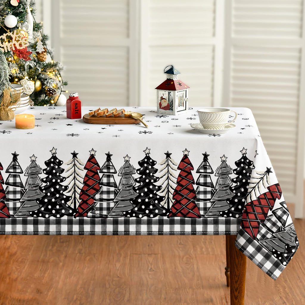 Christmas Tablecloth 60×84 Inch Rectangular, Christmas Trees Buffalo Plaid Black Washable Table Cover for Party