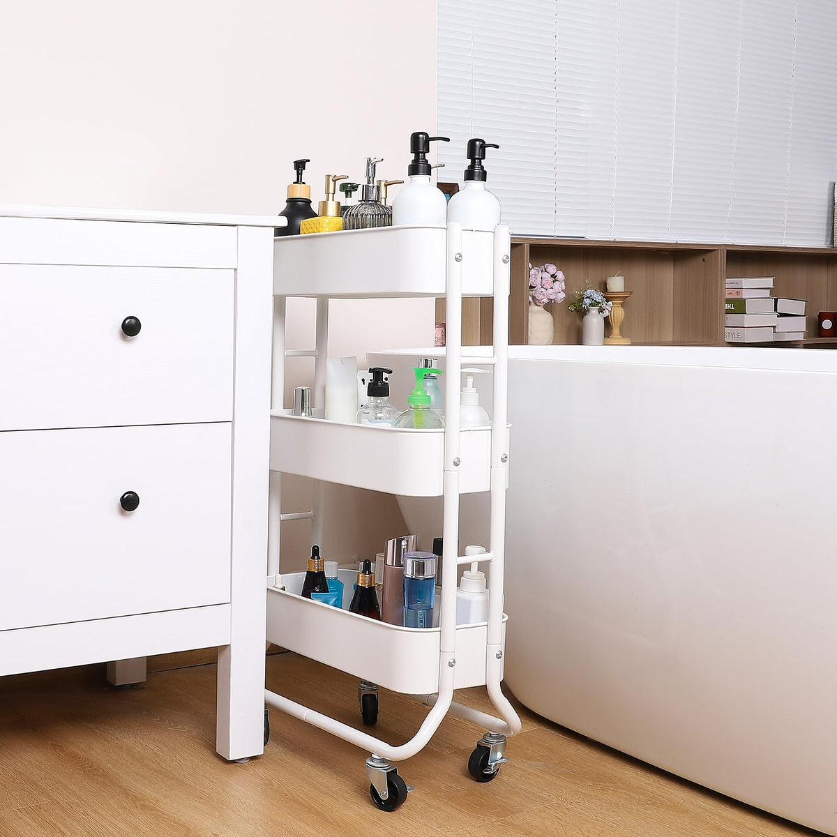 Slim 3-Tier Rolling Utility Cart with Extra Hook, White