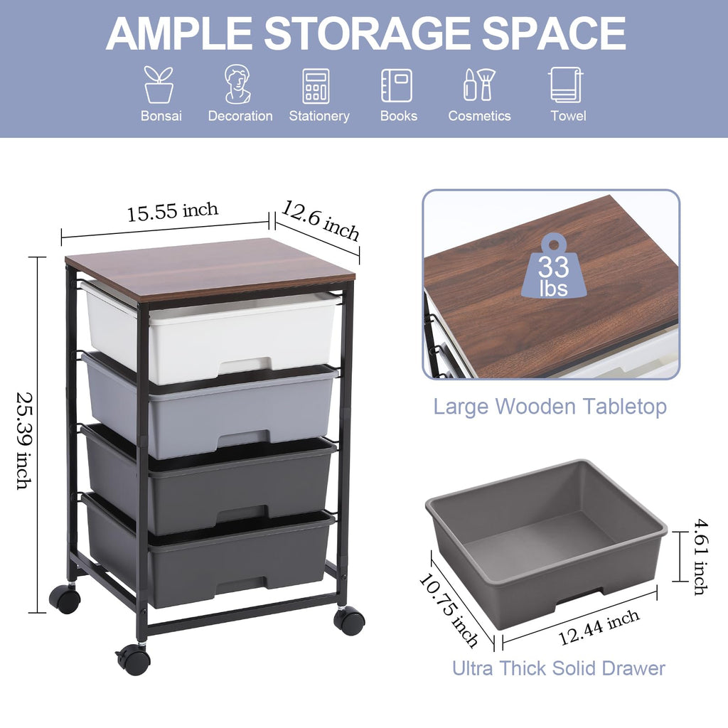 Rolling Cart with Drawers, 4-Drawer Utility Cart, Light Grey
