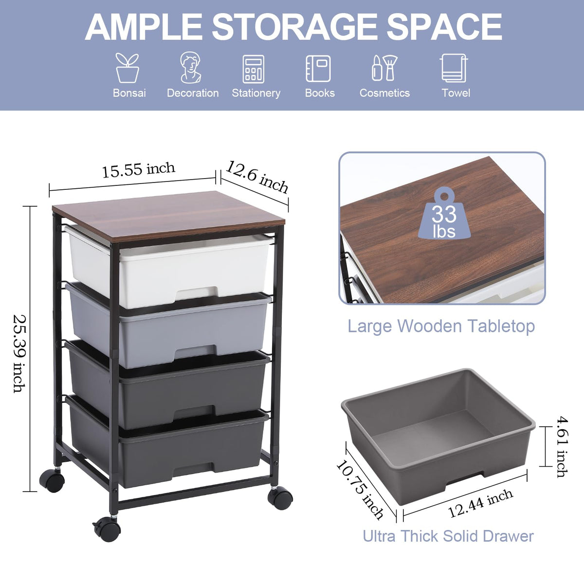 Rolling Cart with Drawers, 4-Drawer Utility Cart, Light Grey