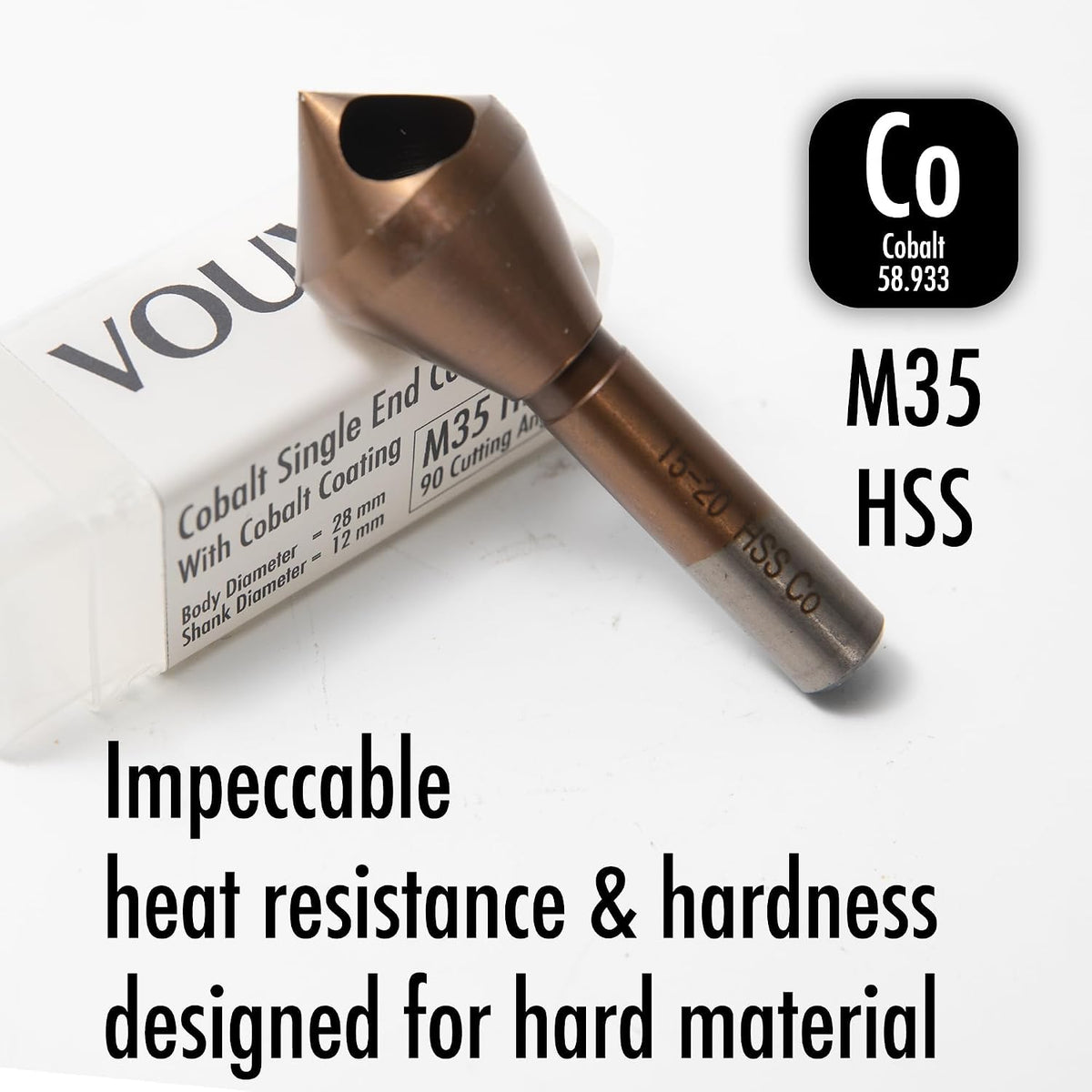 Cobalt Steel Single End Countersink Drill Bit with Cobalt Coating Finish for Hard Metal Wood, 90 Degree M35 HSS, 12MM Round Shank, 28MM Body Diameter