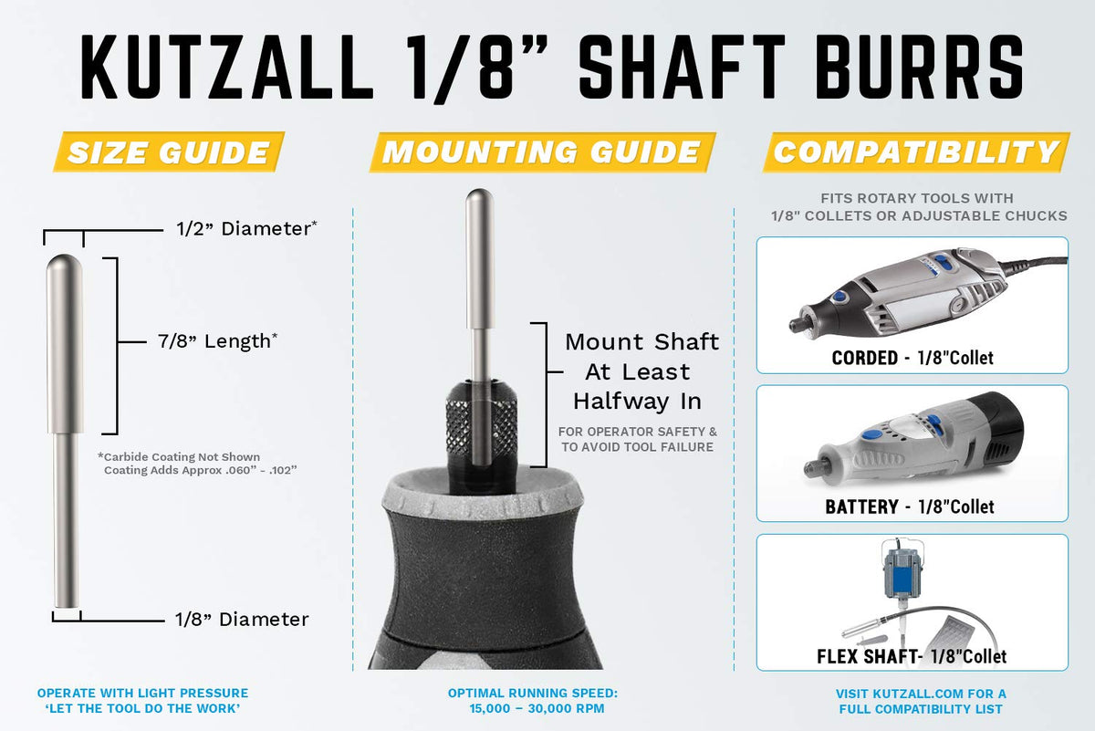 Kutzall Original Ball Nose Rotary Burr, 1⁄8" Shaft, Coarse - Wood Carving Bit for Dremel, Foredom, DeWalt, Milwaukee. Abrasive Tungsten Carbide, 1⁄8" (3.1mm) Dia. X 7⁄8" (22.2mm) Length, BN-18-E