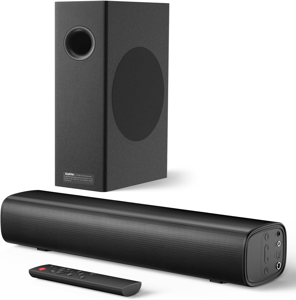 Soundbar with Subwoofer, 14.2" Compact Soundbar, 4" Subwoofer, 70W | 2.1 Audio Enhanced Surround Sound System for TV