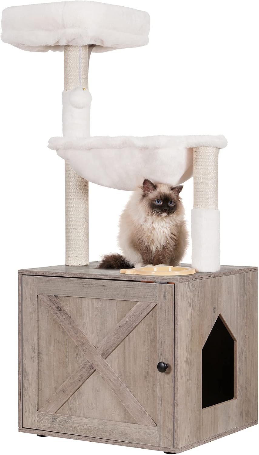 Cat Tree Tower, Litter Box Enclosure, Food Station, MPJ100SG