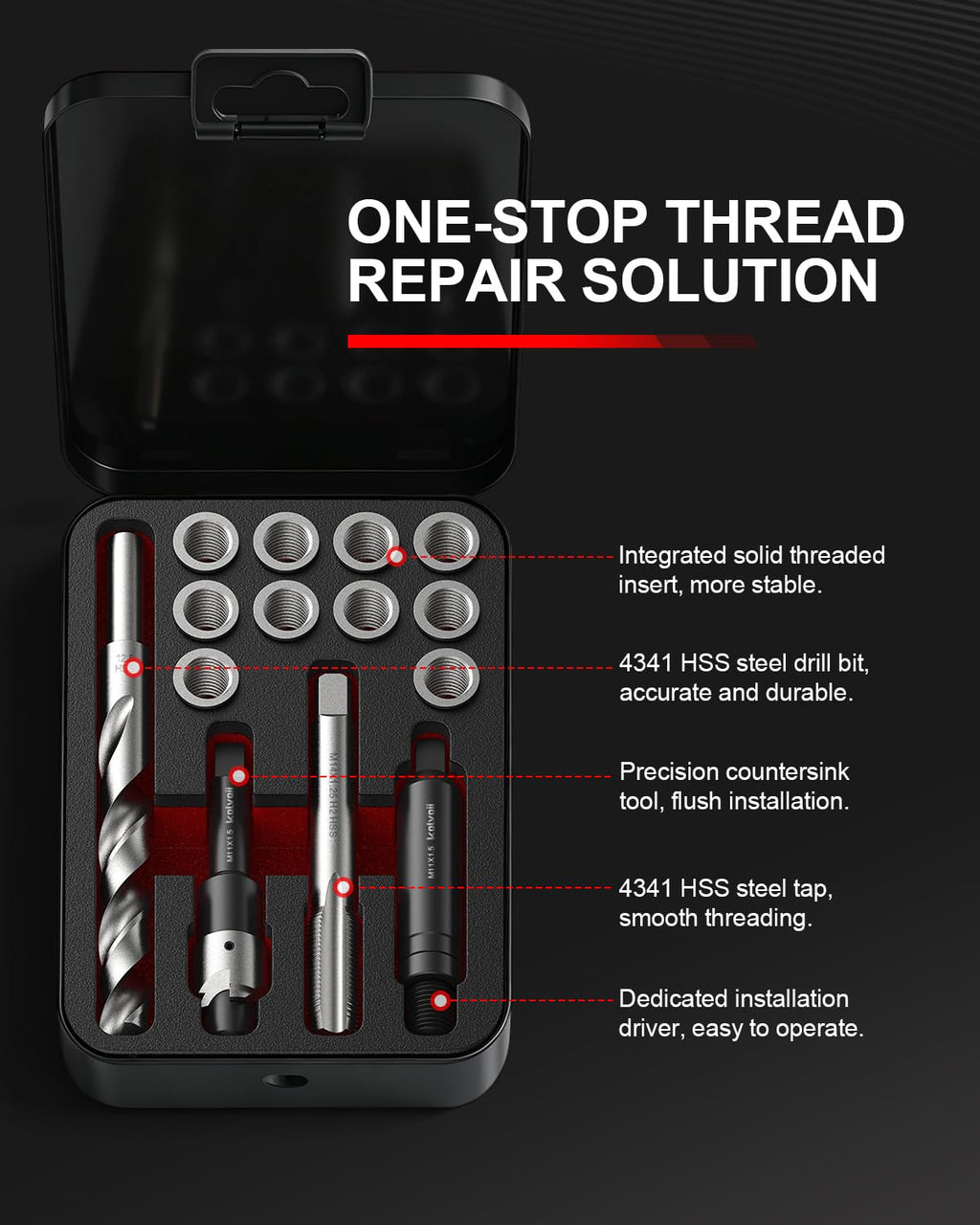 Kolvoii M11x1.5 Thread Repair Kit, 10 Solid 304 Stainless Steel Inserts
