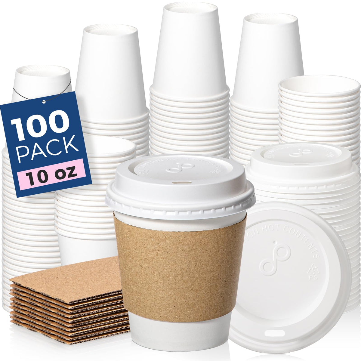 100 Pack 10 oz Disposable Coffee Cups with Lids, Sleeves, Leak-Proof To Go Coffee Cups with Lids, Durable Hot Paper