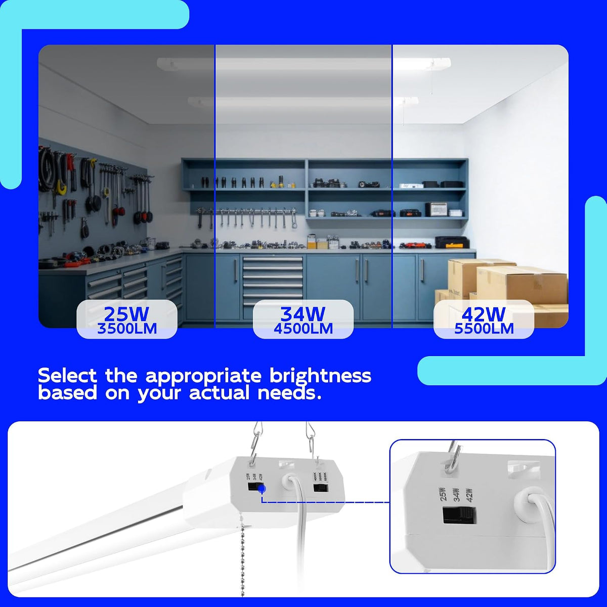 hykolity 4FT LED Shop Light with Reflector,5500LM,3 Power Level&3CCT