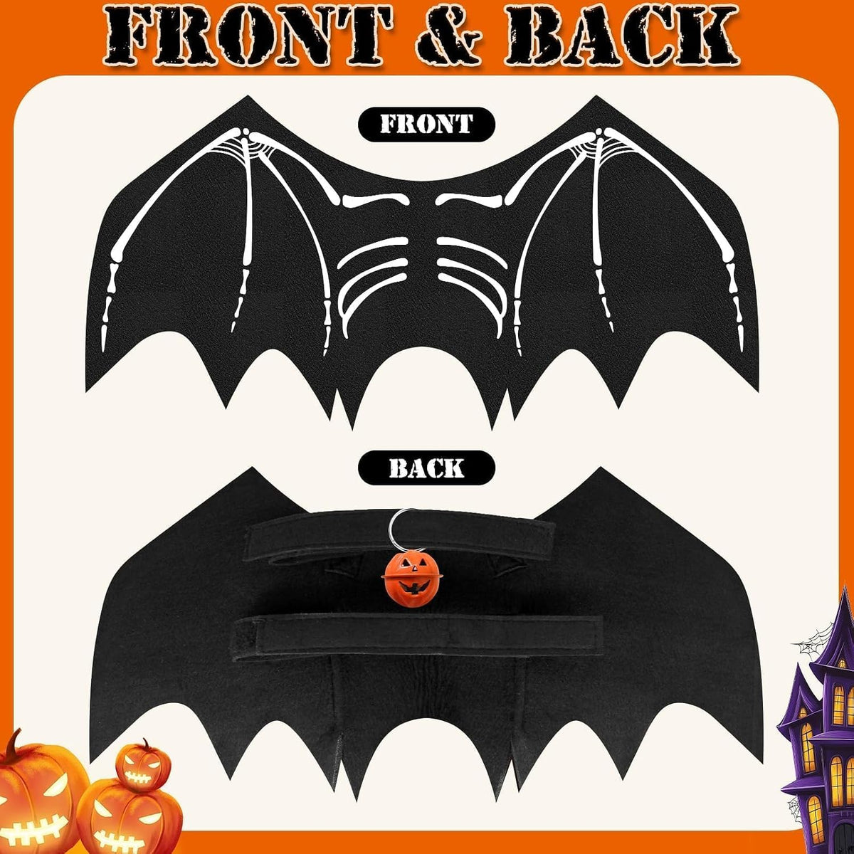 Large Dog Halloween Costumes, Adjustable Dog Bat Wings Costumes for Large Dogs with Pumpkin Bell Skeleton Print On