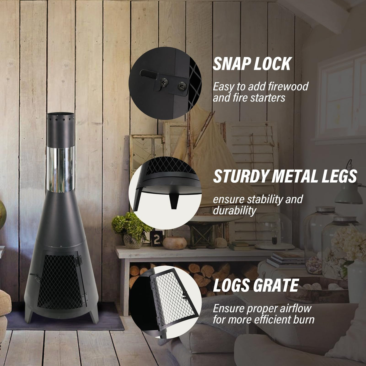 43inch Tall Chiminea Outdoor Fireplace with Fire Poker for Wood Burning