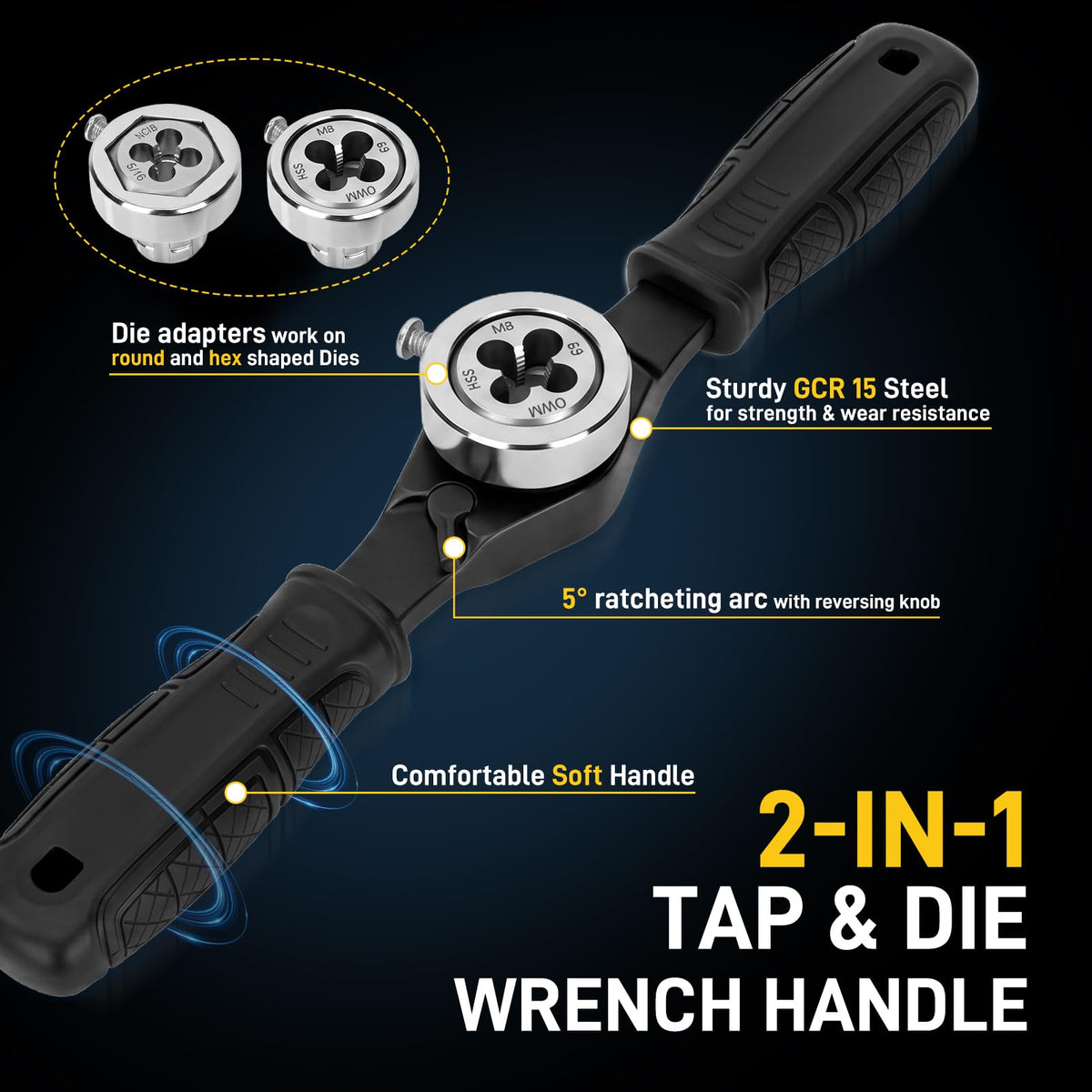 YIYEIE 8PC Ratcheting Tap Handle, 2-IN-1 Extendable Tap Wrench & Die Handle