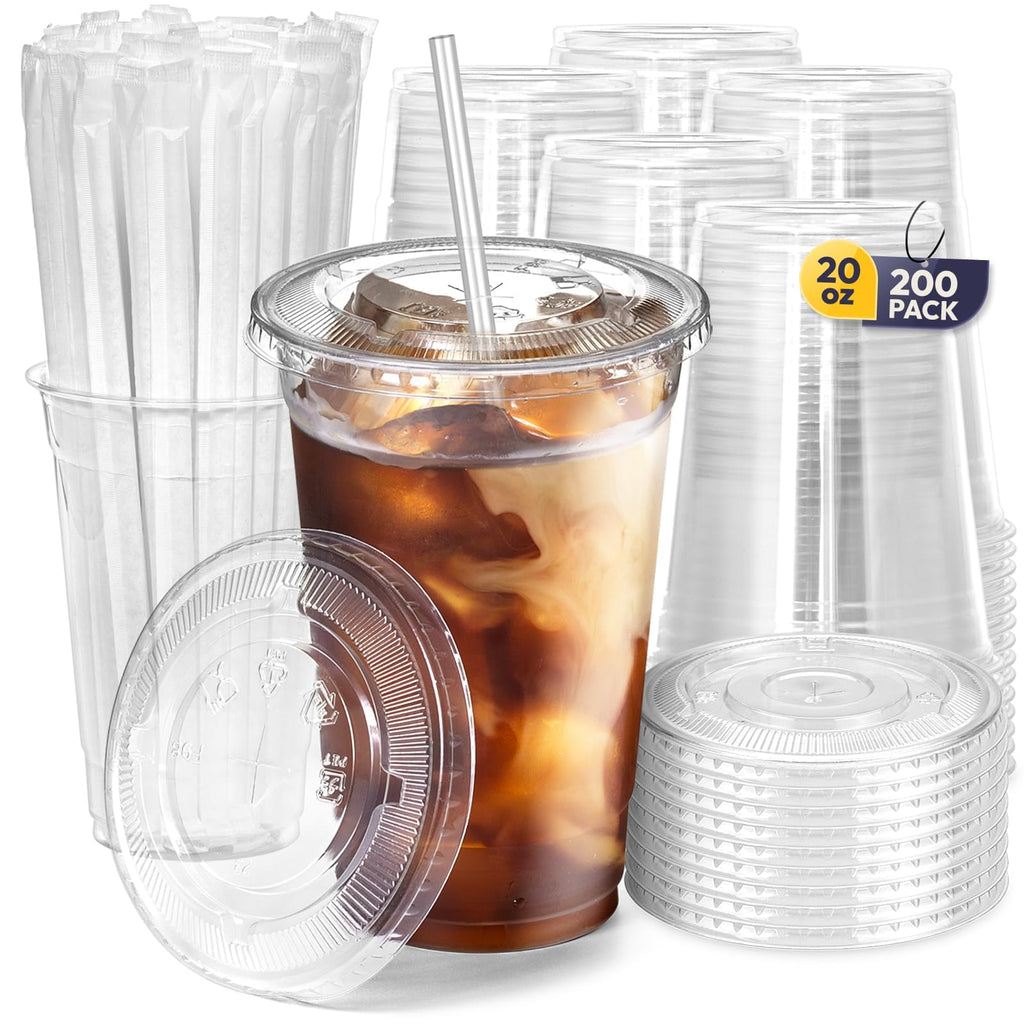 200 Pack 20 oz Plastic Iced Coffee Cups with Flat Lids and Clear Straws, Disposable Clear Cup, BPA Free Cup for