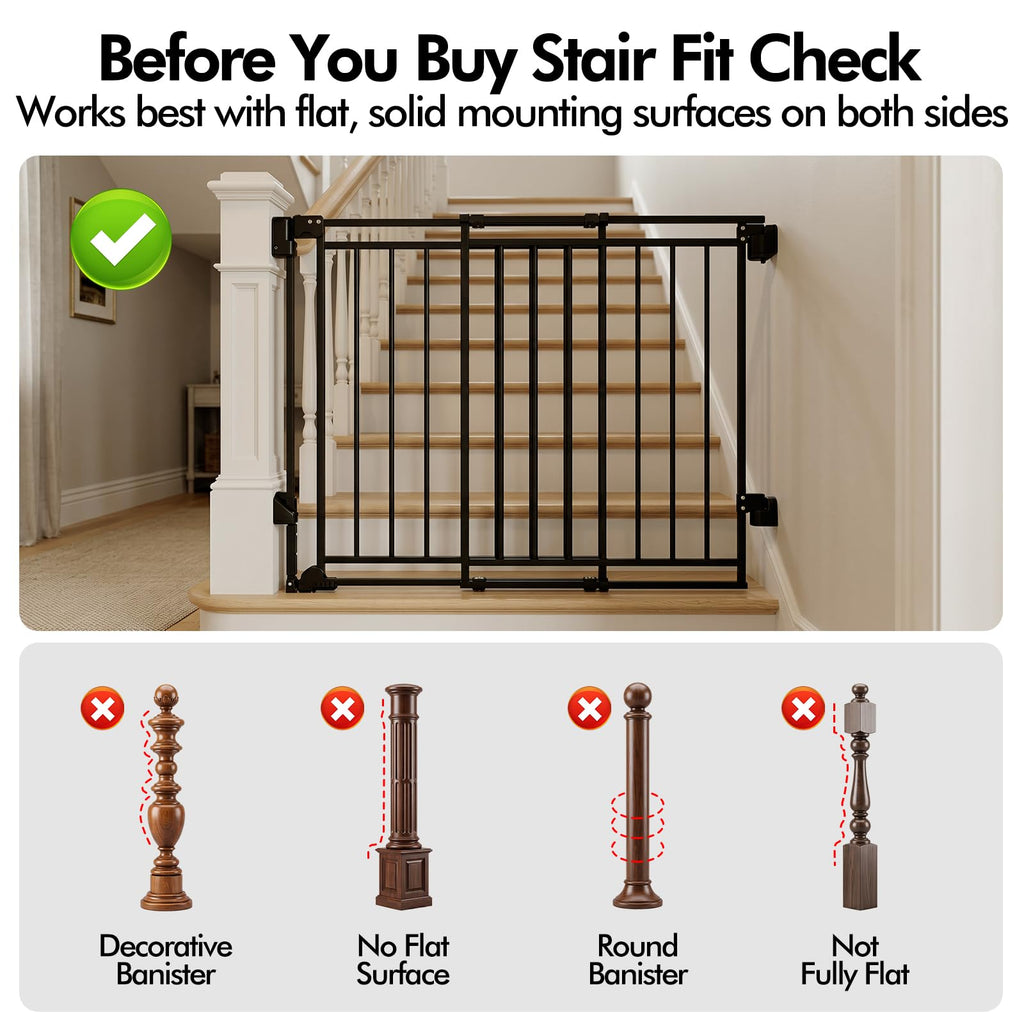 39" H x 32-54" W Extra-Tall & Extra-Wide Adjustable Hardware/Pressure-Mounted Pet & Child Safety Gate with Dual-Lock Walk-Through Swing Door for Stairs, Hallways & Wide Doorways — Black