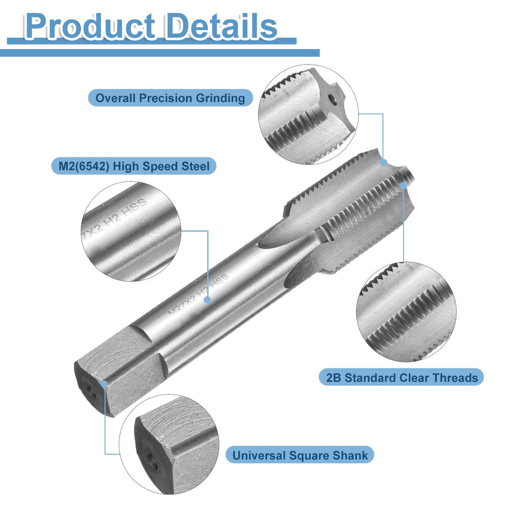 uxcell Hand Bottom Tap M27 x 2 H2 Metric Thread Bottoming Style Threading Taps High Speed Steel HSS6542 Straight Flutes Screw Tapping Tool