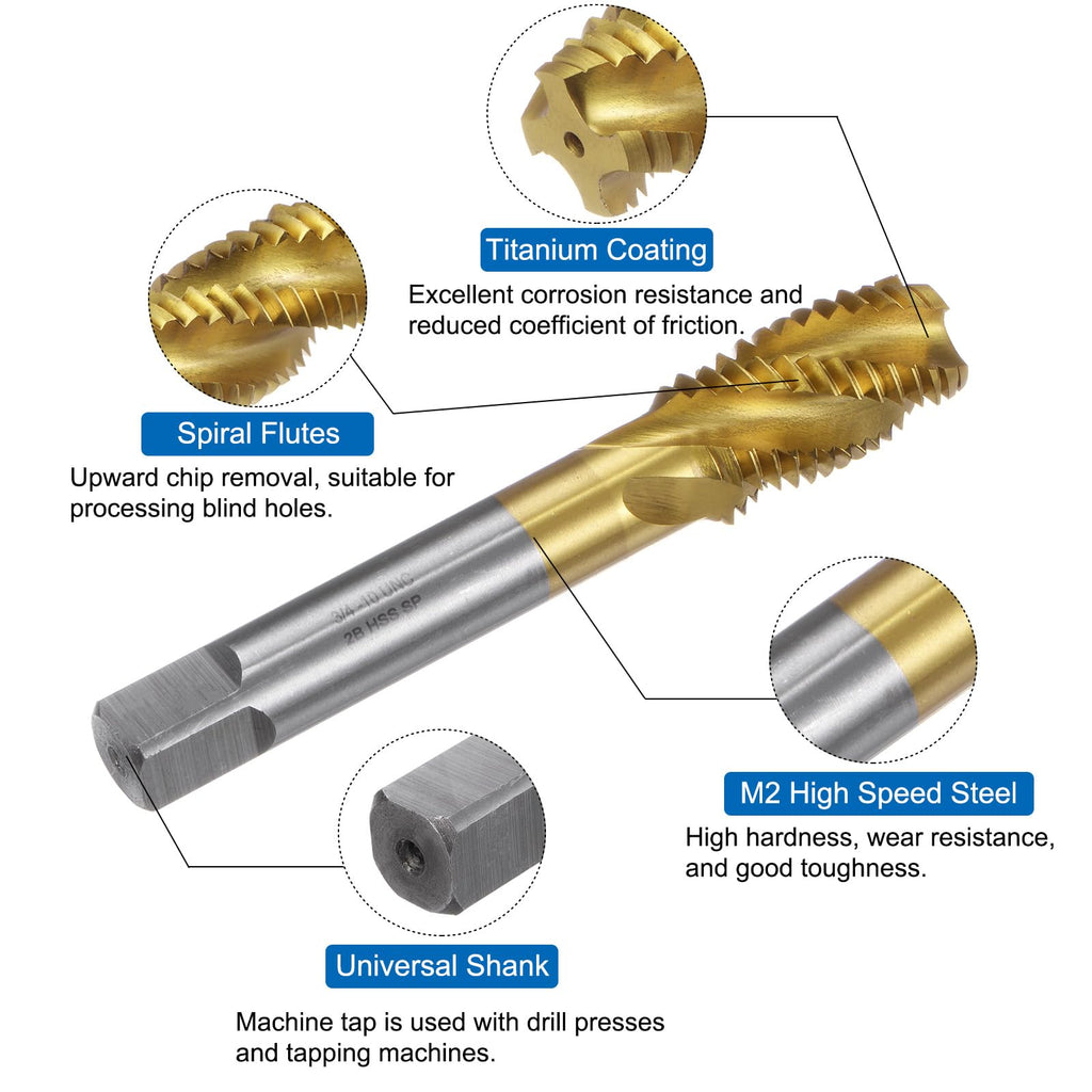 uxcell Spiral Flute Thread Taps, 3/4-10 UNC 2B Screw Threading Tap, Titanium Coated 6542 High Speed Steel Machine Tapping Tools for Machinist Repair
