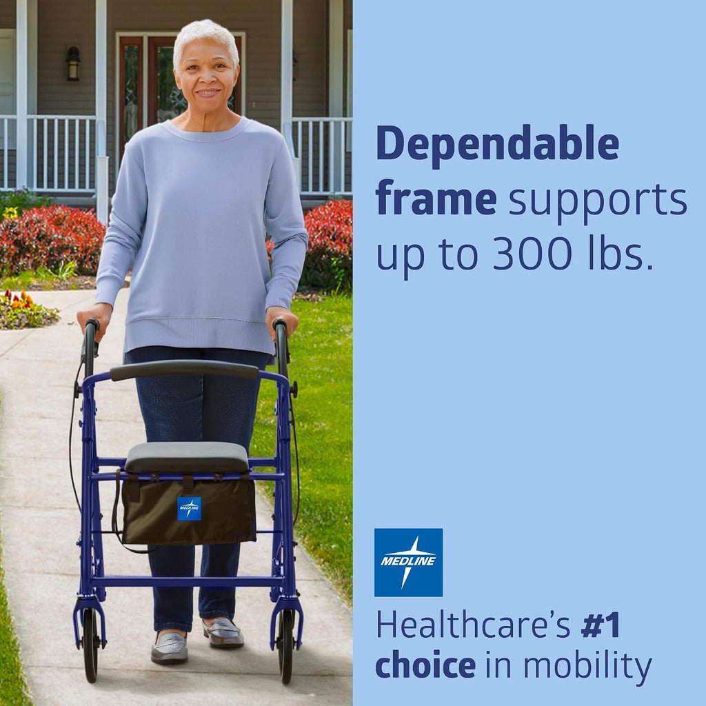Medline Lightweight Aluminum Rollator Walker for Adult Mobility Impairment, Blue, 300 lb. Weight Capacity, 8" Wheels, Foldable, Adjustable Handles, Walker for Seniors