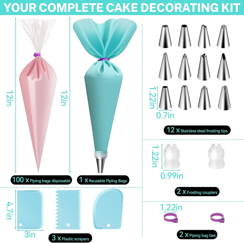 Piping Bags and Tips Set, 120 Pcs Cake Decorating Kit with 100pcs 12 Inch Disposable Pastry Bags, 1 Reusable Piping