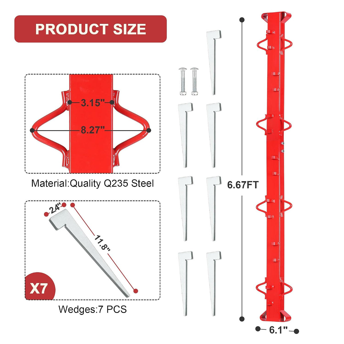 6ft Woven Wire Fence Stretcher Bar with 7 Wedges, Heavy-Duty Carbon Steel Fence Stretcher Tool Wire Puller, Red