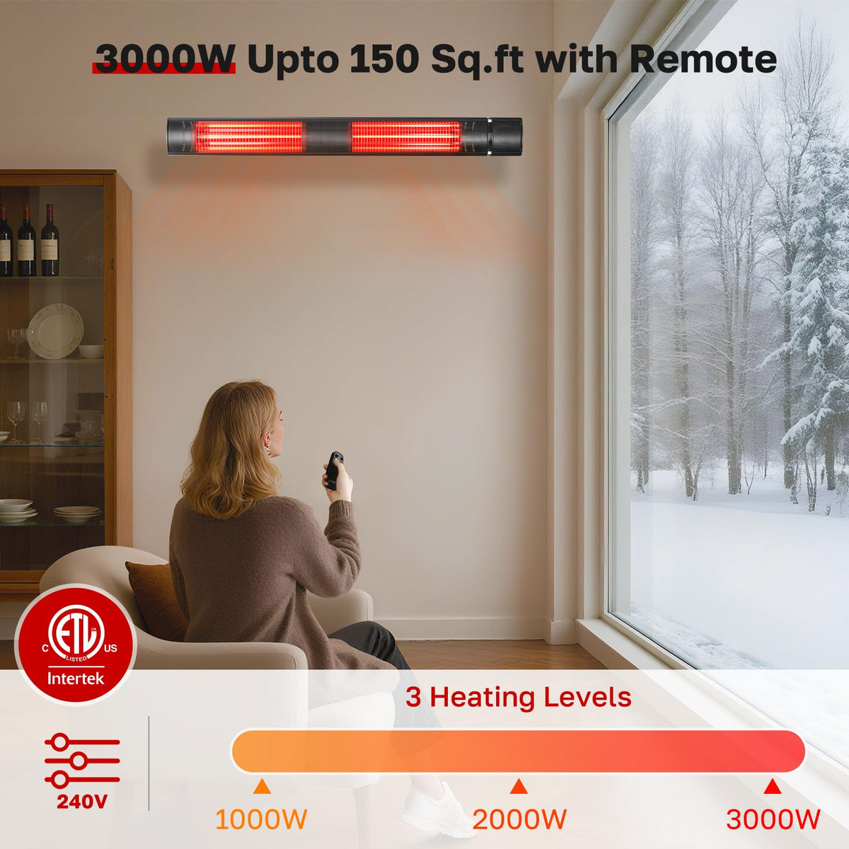Infrared Heater, Outdoor Heater for Patio, Garage, Restaurant, 3000W Carbon Fiber 240V with Remote, ETL Certified Black