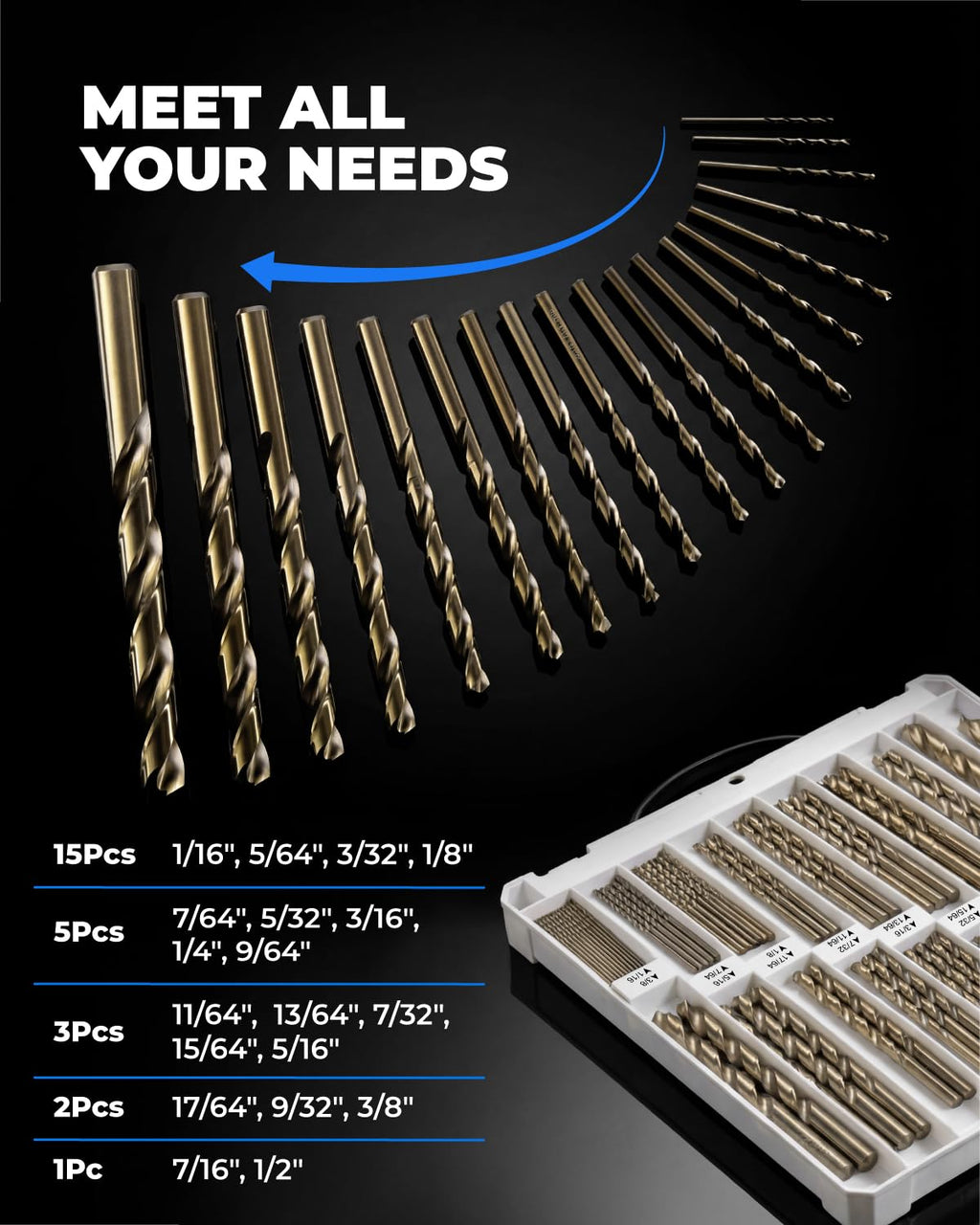 toolant 108Pcs Cobalt Drill Bit Set for Metal and Steel, 1/16"-1/2"