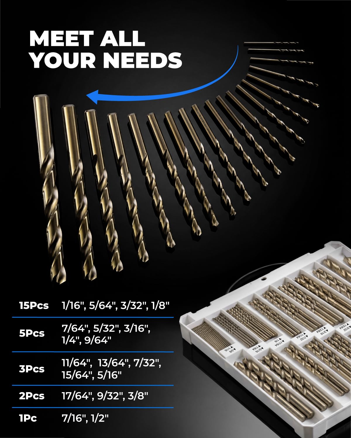 toolant 108Pcs Cobalt Drill Bit Set for Metal and Steel, 1/16"-1/2"