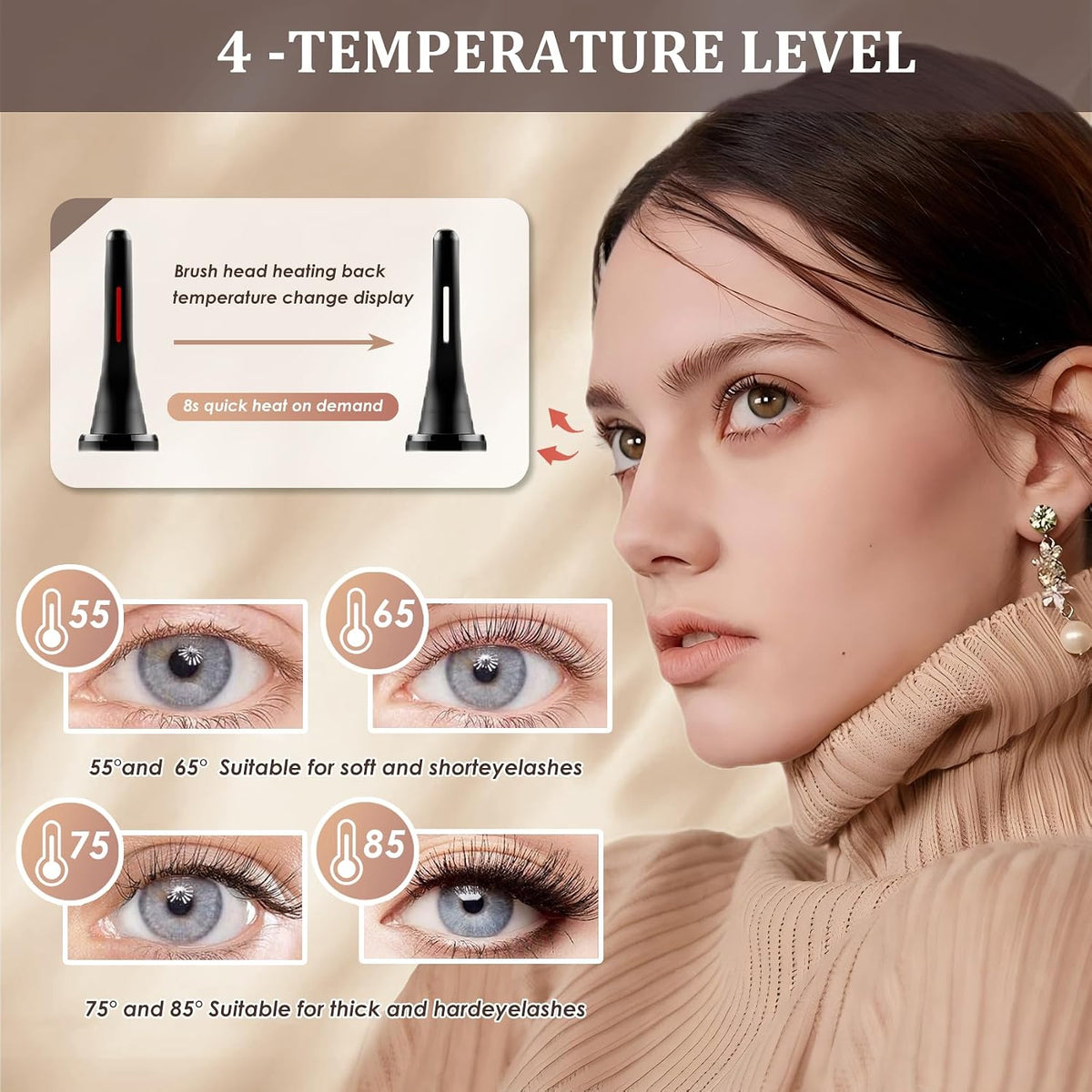 Electric Heated Eyelash Curler - USB Rechargeable with Fast 10s Heat-Up, 24-Hour Long-Lasting Hold, 4 Adjustable