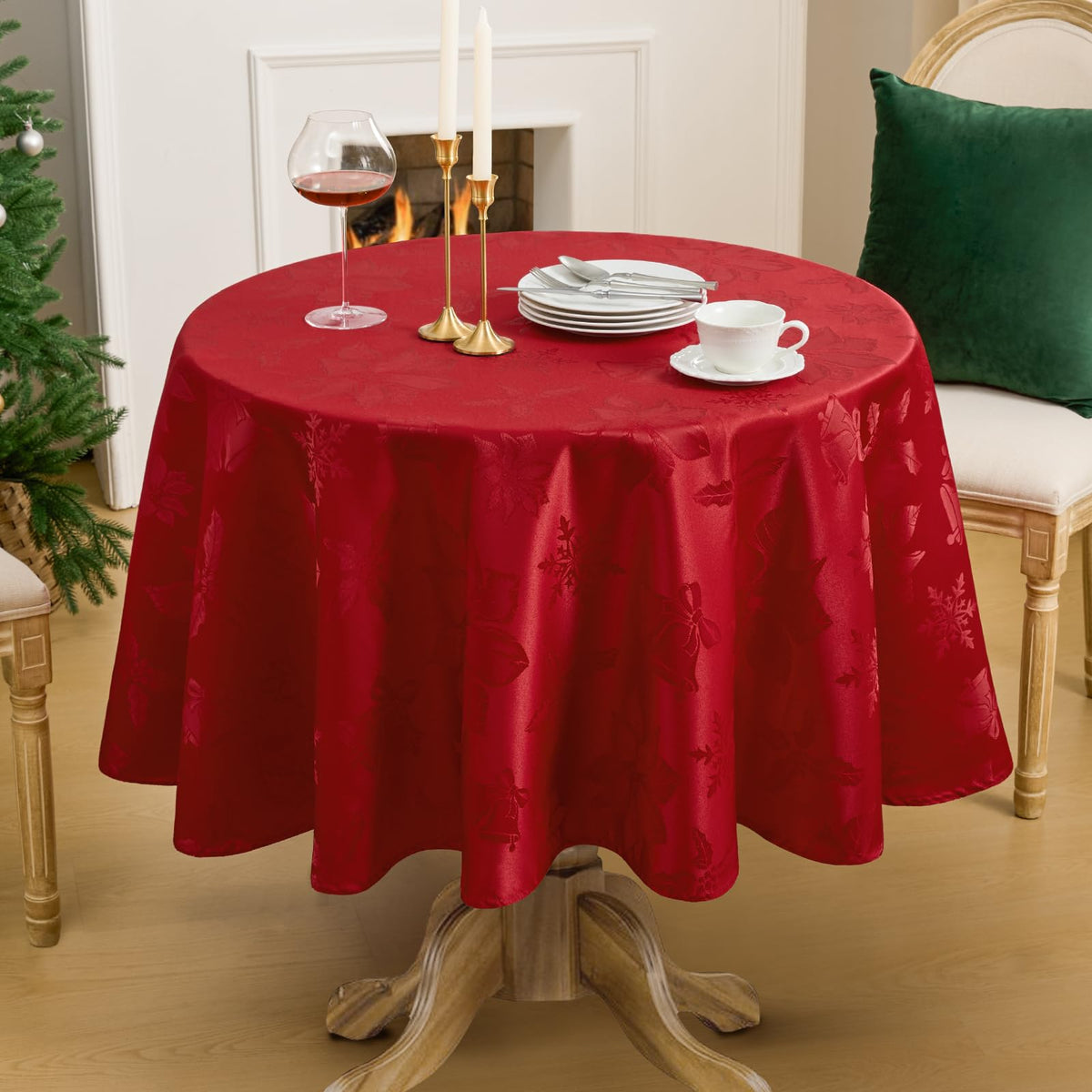 Christmas Jacquard Round Tablecloth, 70 inch, Red