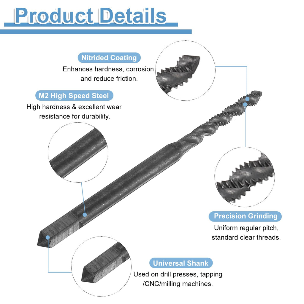 uxcell Spiral Flute Thread Taps 2-56 UNC 2B Machine Threading Tap Bit, Nitrided Coated Screw Tapping Repair Tool, M2 High-Speed Steel (HSS)