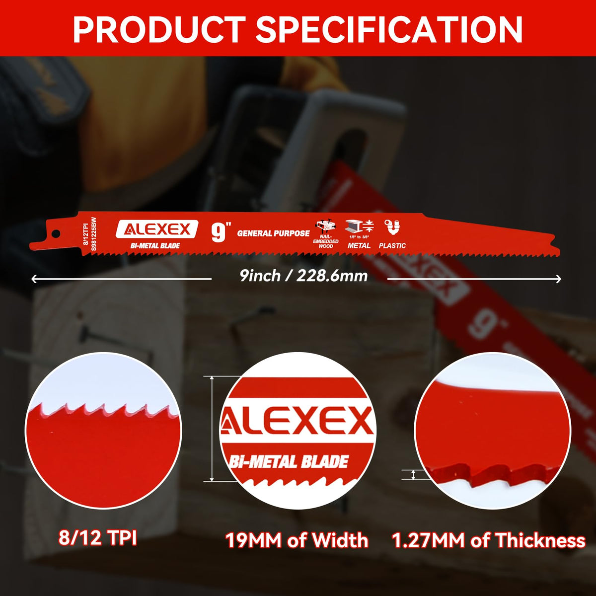 10 Pack 9Inch 8/12 TPI Reciprocating Saw Blades for Nail-Embedded Wood Demolition, Bi-Metal Blades for General Purpose Cuts, Wood Cutting, Metal and PVC Pallets, Compatible with Diablo Sawzall Blades