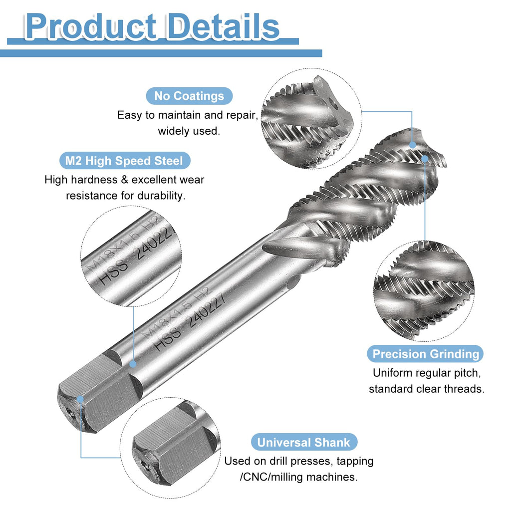 uxcell Spiral Flute Thread Taps M18 x 1.5 H2 Metric Machine Threading Tap Bit, Uncoated Screw Tapping Repair Tool, M2 High-Speed Steel (HSS)