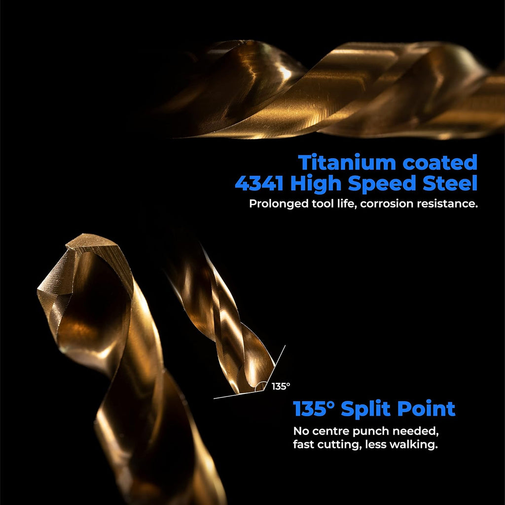 amoolo Titanium Drill Bit Set (60 pcs), Premium 4341 HSS Micro Drill Bits for Wood, Metal, Steel, Plastic, Aluminum Alloy, 3/64"-1/8"
