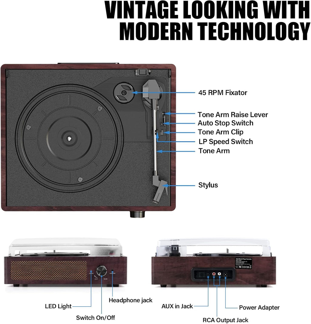 Vinyl Record Player Turntable with Built-in Bluetooth Receiver & 2 Stereo Speakers, 3 Speed 3 Size Portable Retro