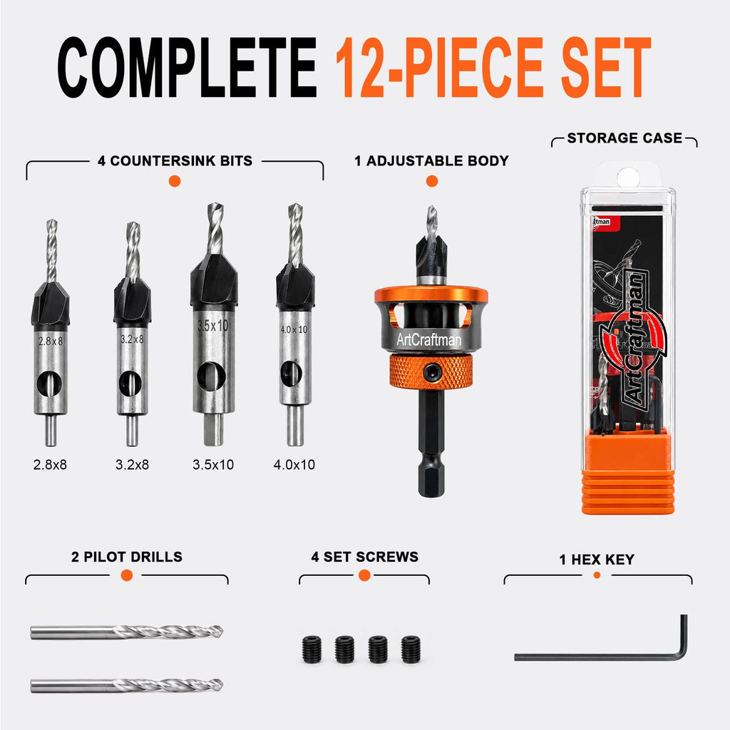 ArtCraftman 12 PCS Wood Countersink Drill Bits, M2 High Speed Steel 4-Flute Pilot Bits, Depth Stop & L-Wrench, Precision Kit for Wood, Plastic, DIY & Drilling Tasks