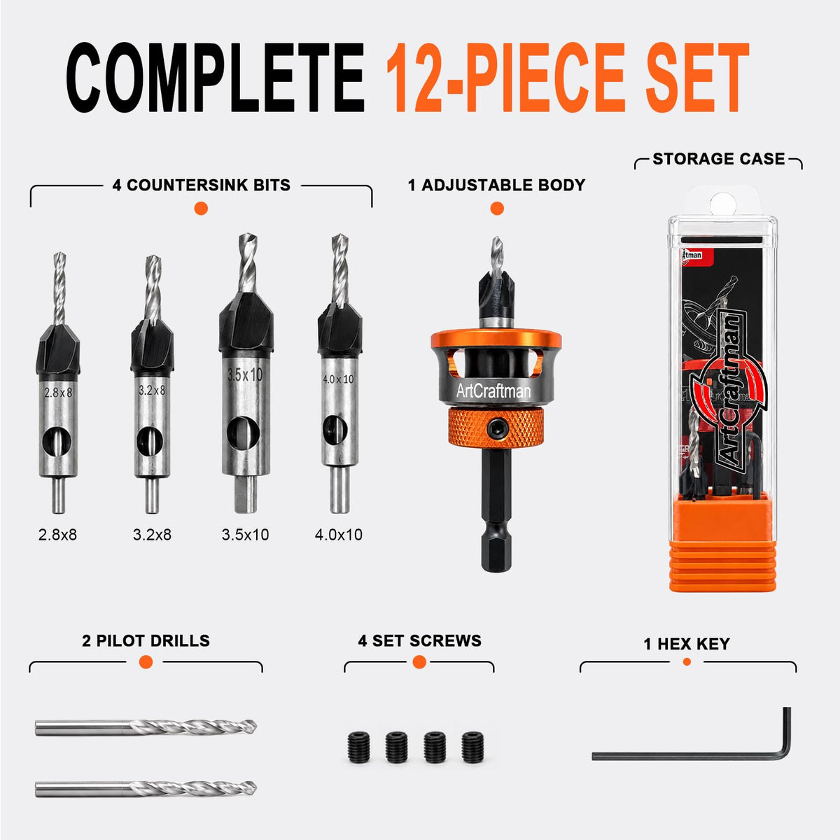 ArtCraftman 12 PCS Wood Countersink Drill Bits, M2 High Speed Steel 4-Flute Pilot Bits, Depth Stop & L-Wrench, Precision Kit for Wood, Plastic, DIY & Drilling Tasks