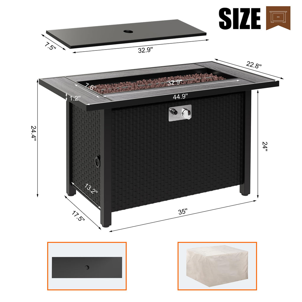 44 in Propane Fire Pit Table for Outside Patio with Lava Rocks, Black