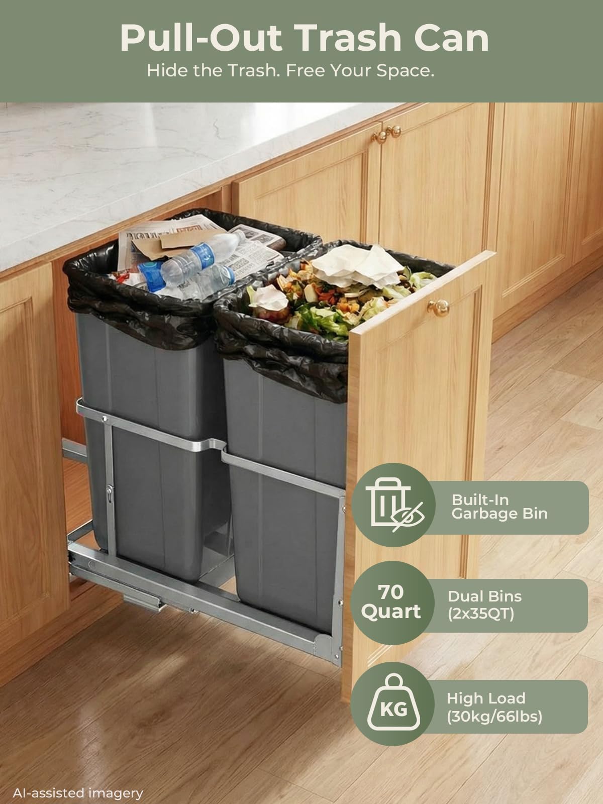 Pull Out Trash Can Under Cabinet, 35QT x2 Soft-Close Under Sink Garbage Bin with Full-Extension Slides, Heavy Duty