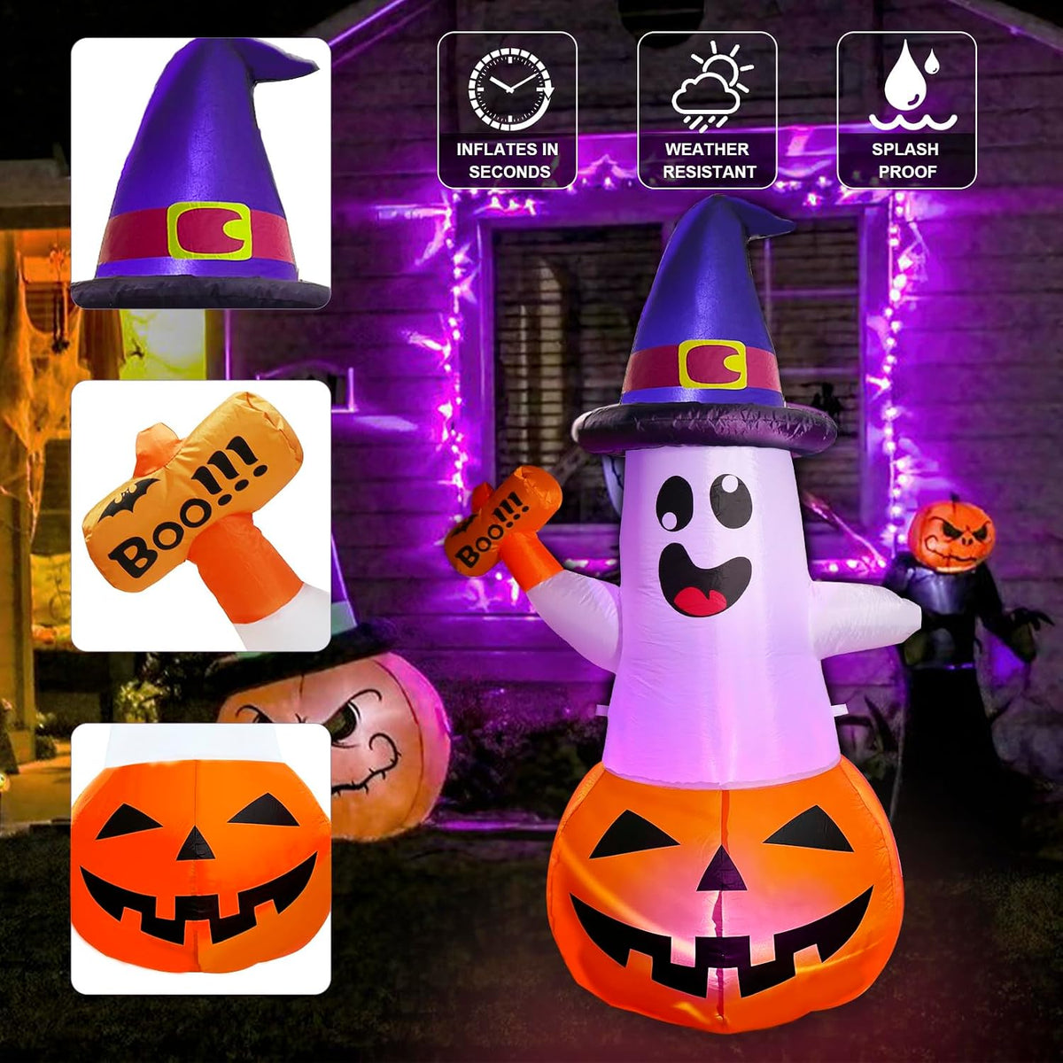 5FT Halloween Inflatables Decorations Outdoor Pumpkin Ghost with Multi-Color Flashing Build-in LED Blow Up Yard Decor