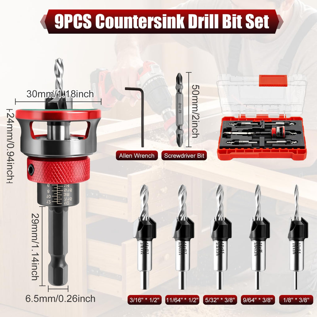 Vieliian 9 Pieces Countersink Drill Bit Set, 5 Sizes Two-Flute Tapered HSS Drill Bits with Adjustable Depth Stop Collar and Wrench, Woodworking Tools for Screw Pilot Holes in Softwood Hardwood MDF