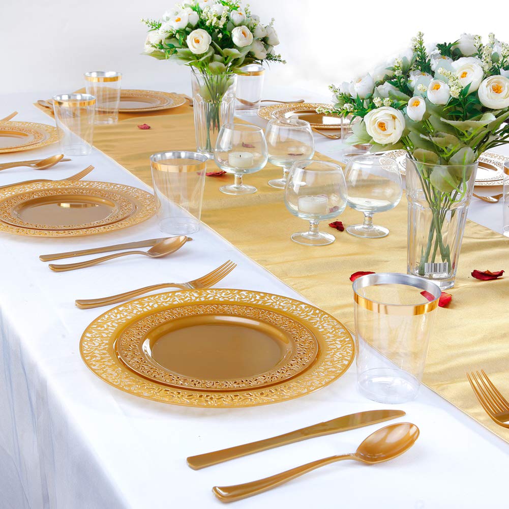 102 PCS Brown Gold Plastic Plates, Lace Design Disposable Plates, BPA Free Plates Includes: 51 Dinner Plates 10.25