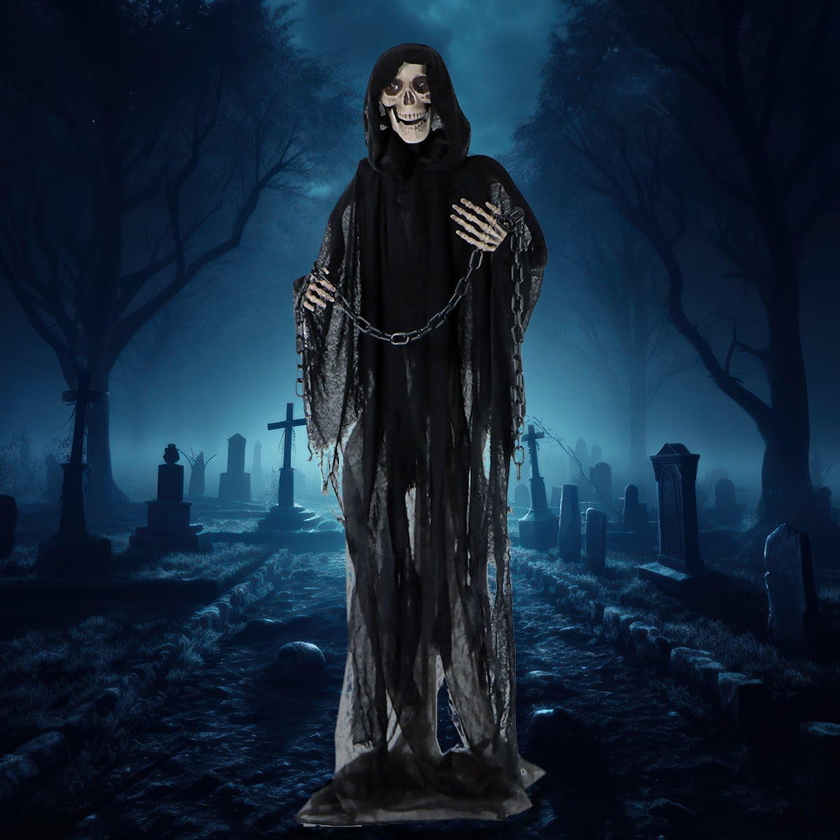 Life-Size Scary Grim Reaper with Chain, Halloween Animatronic with Touch Activated Lights and Sounds, Battery