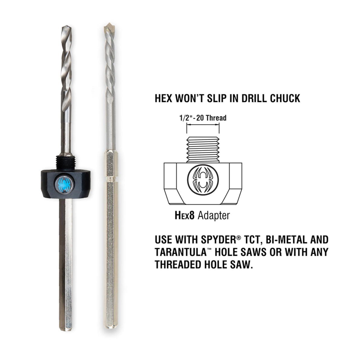 Spyder 3/8-inch Hex8 TCT Hole Saw Arbor Pilot Bit, for Masonry and Wood, Compatible with Rapid Core Eject