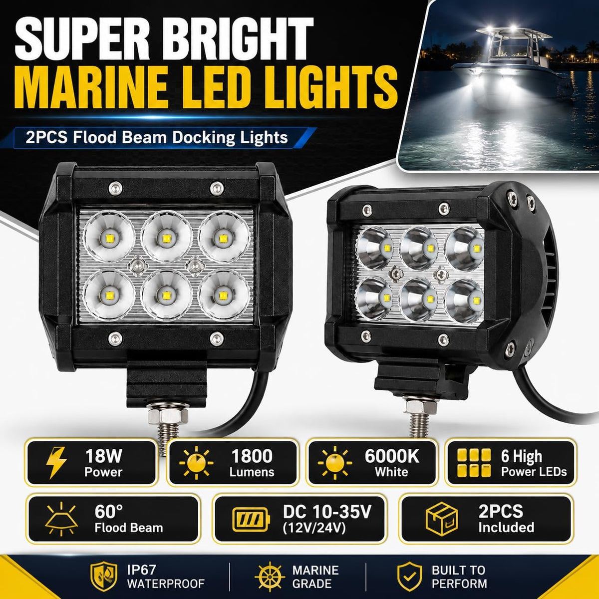 Shangyuan Pontoon Boat Docking Headlights, Marine Led Lights for Kayak Bass Jon Fishing Boat Spreader Light, T-top, Deck, Driving, Stern/Navigation Lights, 2pcs