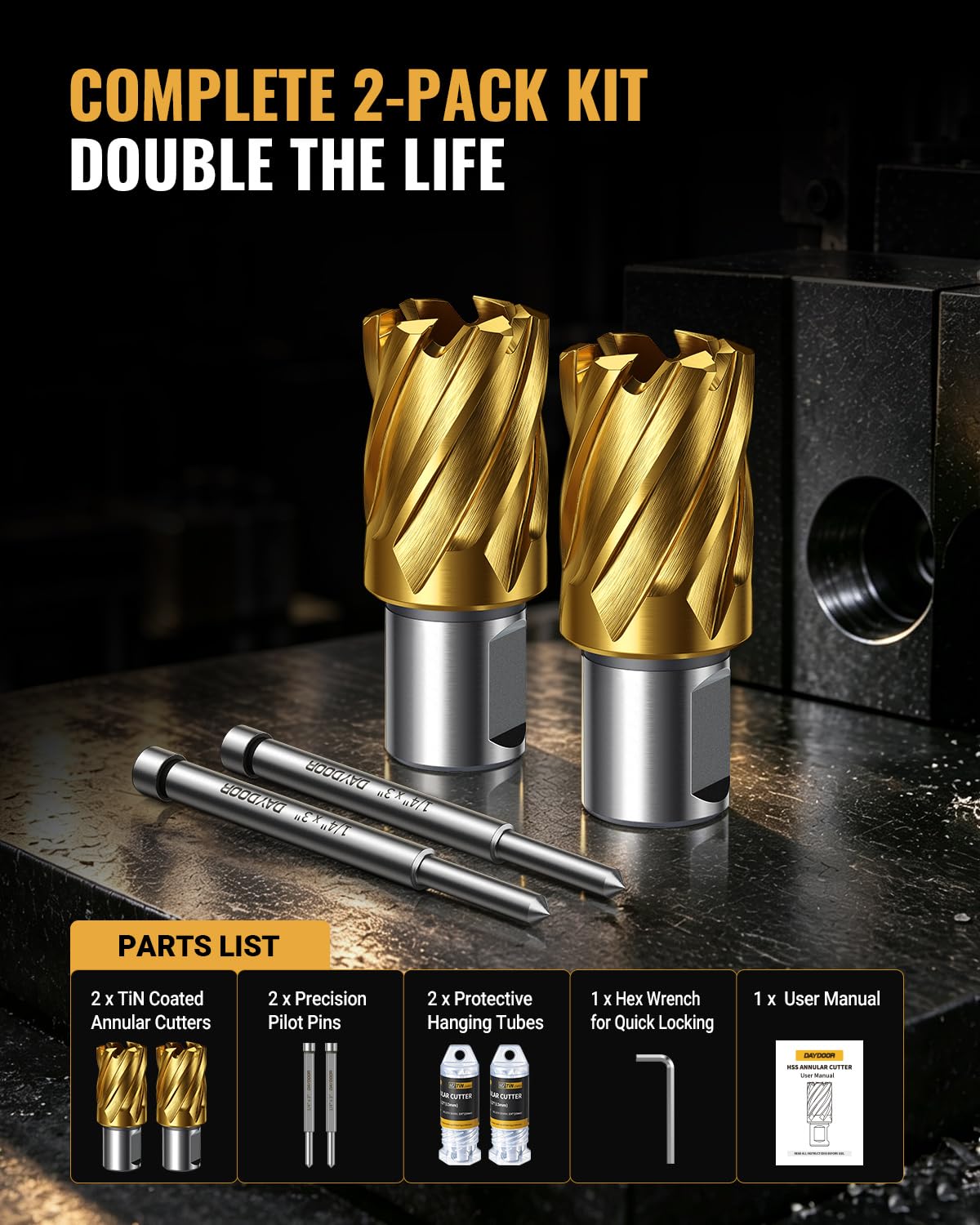 DAYDOOR 3/4'' HSS Annular Cutter, TiN Coated, 1-3/16'' Cutting Depth, 2pcs