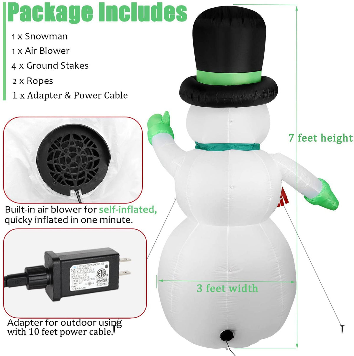 7 FT Christmas Inflatables Snowman Outdoor Yard Decorations, Christmas Blow up Snow Man with LED Lights & Black Hat, Winter Outside Decor for Holiday Party Patio Garden Lawn, Xmas New Year Kids Gifts