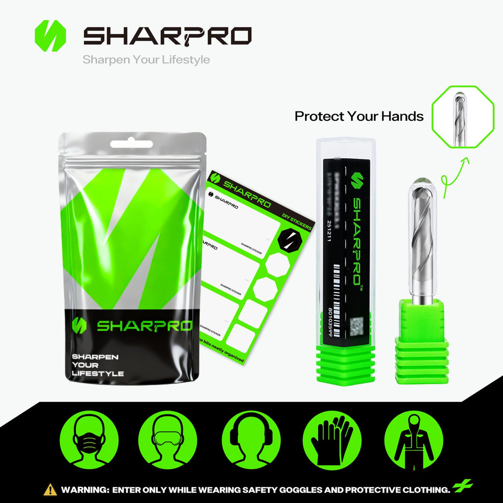 SHARPRO 1/4'' Shank Carbide Ball Nose End Mill Bits, 2 Flute Solid Carbide