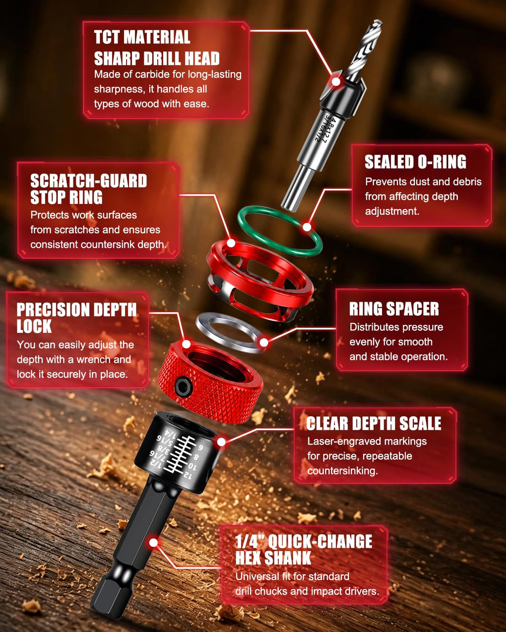 9PCS Countersink Drill Bit Set with Adjustable Depth Stopper