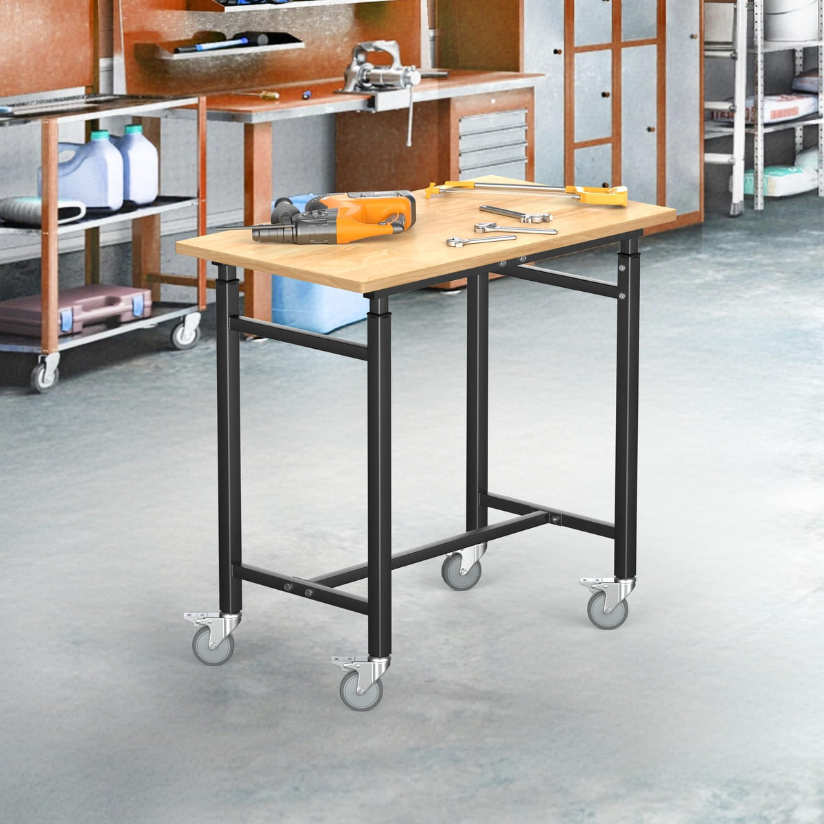 Adjustable Workbench with Rubberwood Top, Rolling 32x18 in Worktable