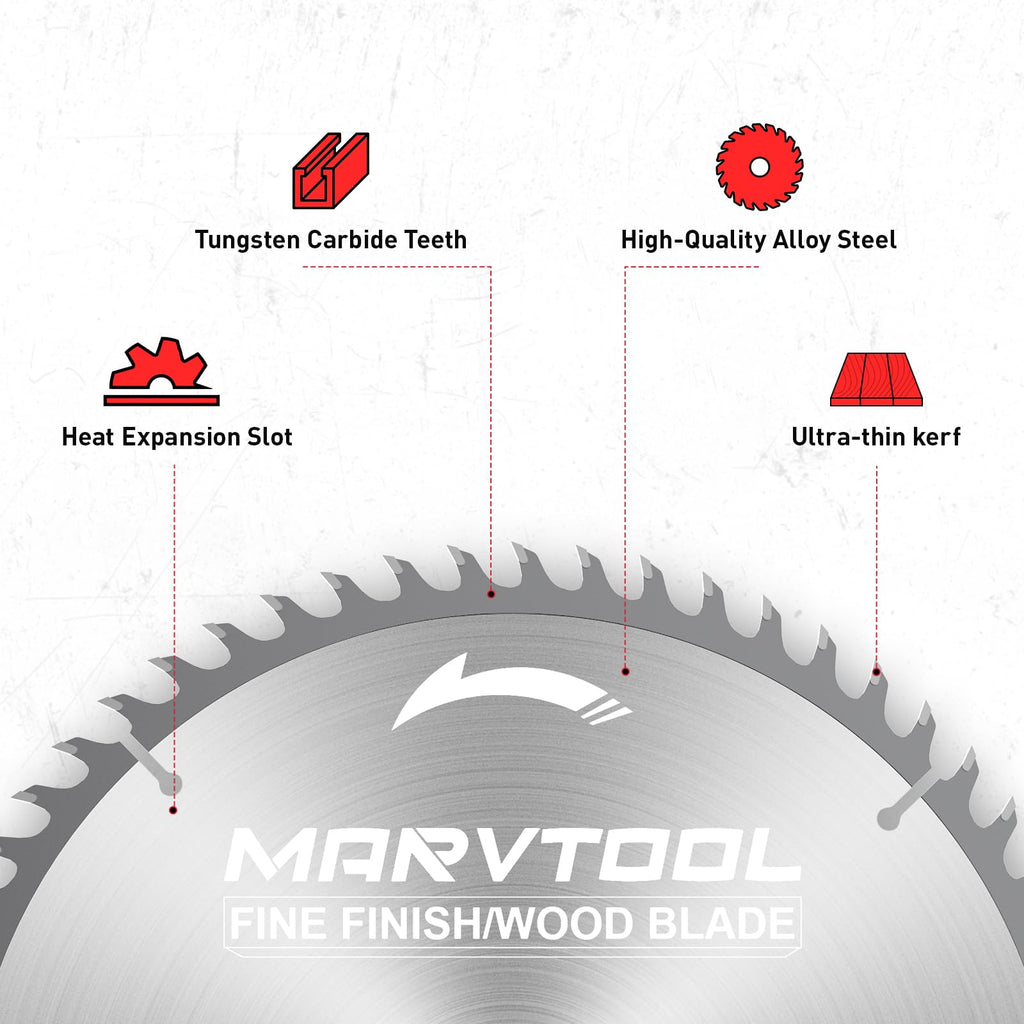 Marvtool 10-Inch 60-Tooth Woodworking Saw Blade, Max 7000 RPM, Fine Finish Wood Crosscutting, Tungsten Carbide Tooth with 5/8 Inch Arbor for Miter Saws & Table Saws (Red)